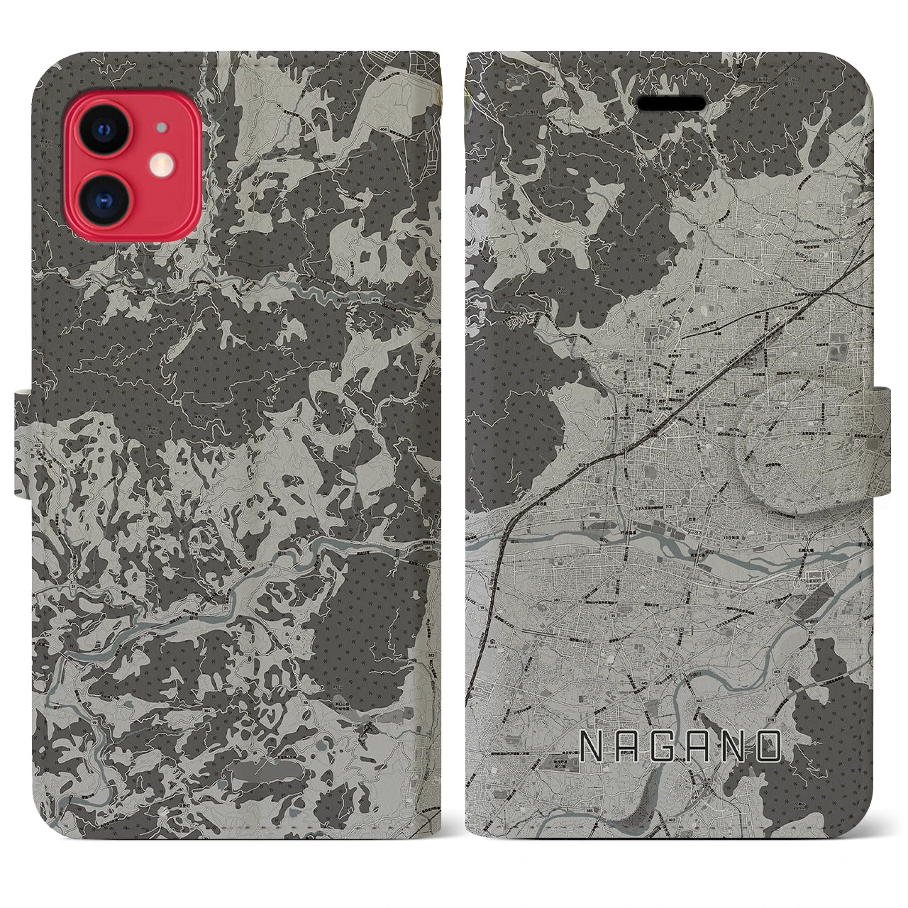 【長野(長野県)】地図柄iPhoneケース(手帳タイプ)モノトーン・iPhone 11 用