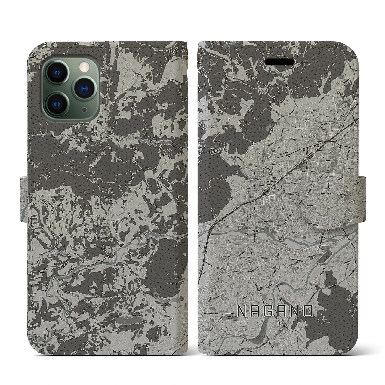 【長野(長野県)】地図柄iPhoneケース(手帳タイプ)モノトーン・iPhone 11 Pro 用