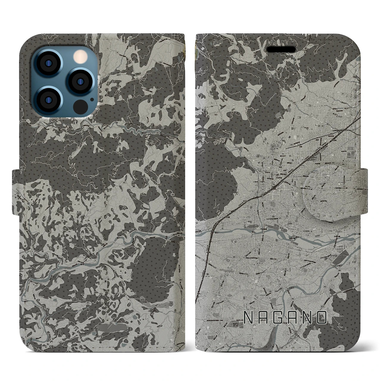 【長野(長野県)】地図柄iPhoneケース(手帳タイプ)モノトーン・iPhone 12 / 12 Pro 用