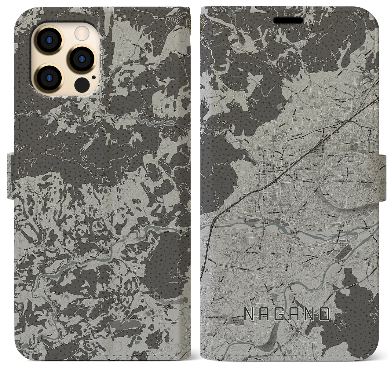 【長野(長野県)】地図柄iPhoneケース(手帳タイプ)モノトーン・iPhone 12 Pro Max 用