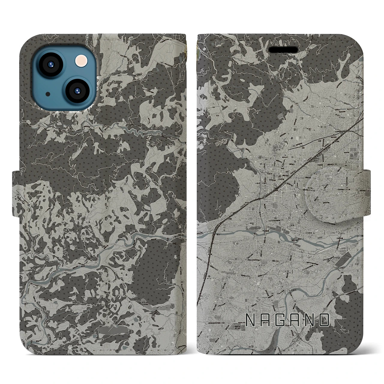 【長野(長野県)】地図柄iPhoneケース(手帳タイプ)モノトーン・iPhone 13 用