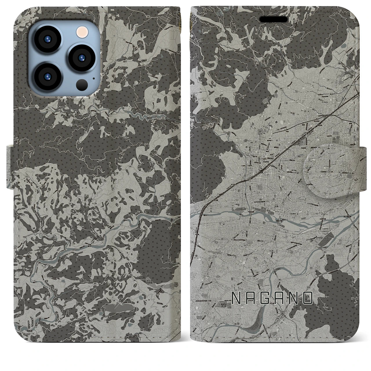 【長野(長野県)】地図柄iPhoneケース(手帳タイプ)モノトーン・iPhone 13 Pro Max 用