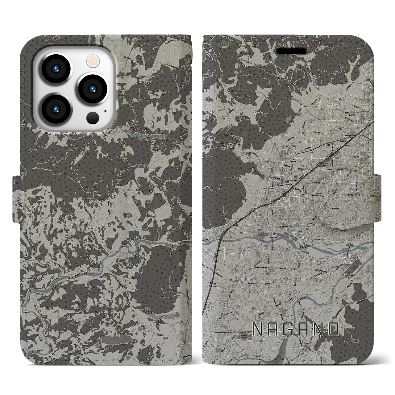 【長野(長野県)】地図柄iPhoneケース(手帳タイプ)モノトーン・iPhone 13 Pro 用