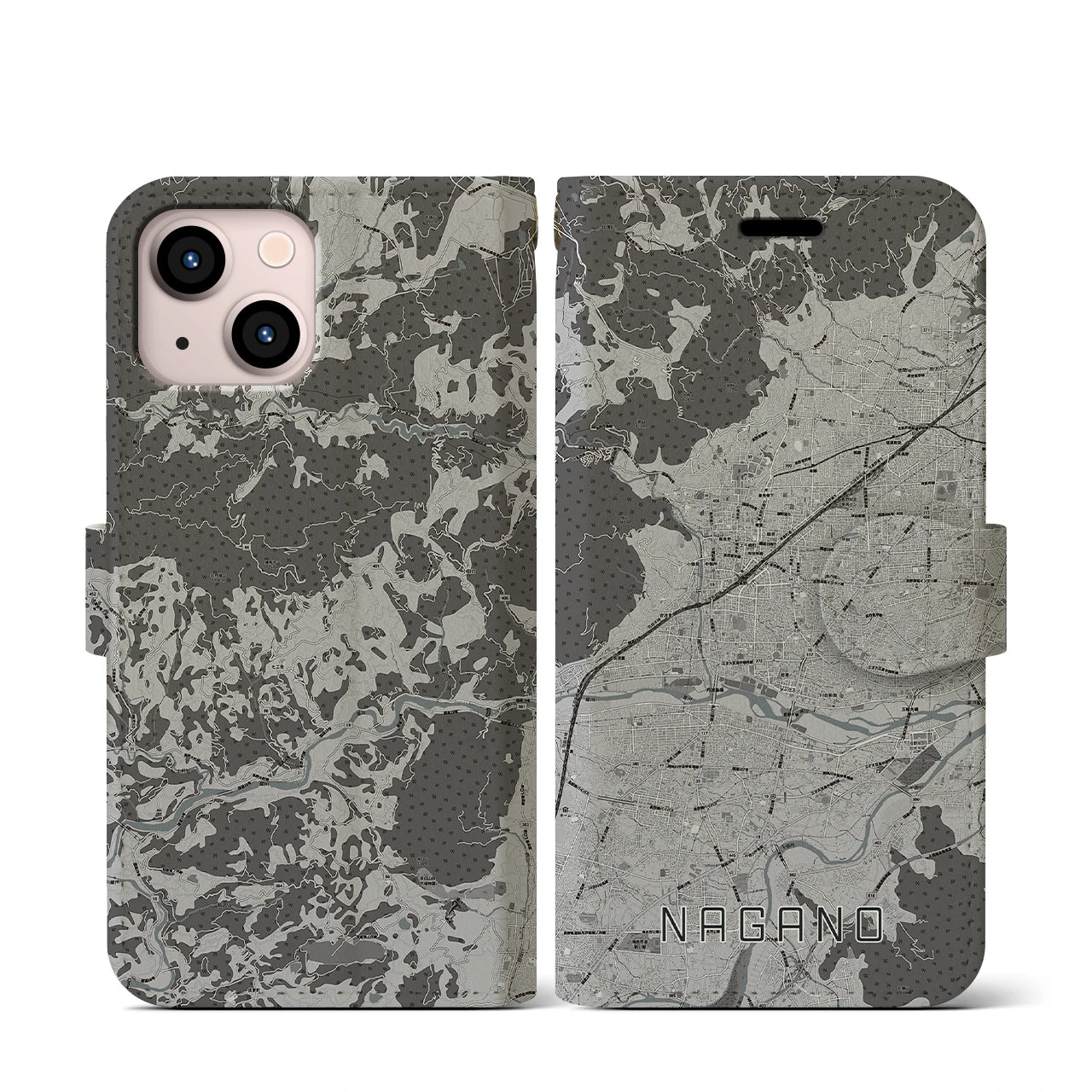 【長野(長野県)】地図柄iPhoneケース(手帳タイプ)モノトーン・iPhone 13 mini 用