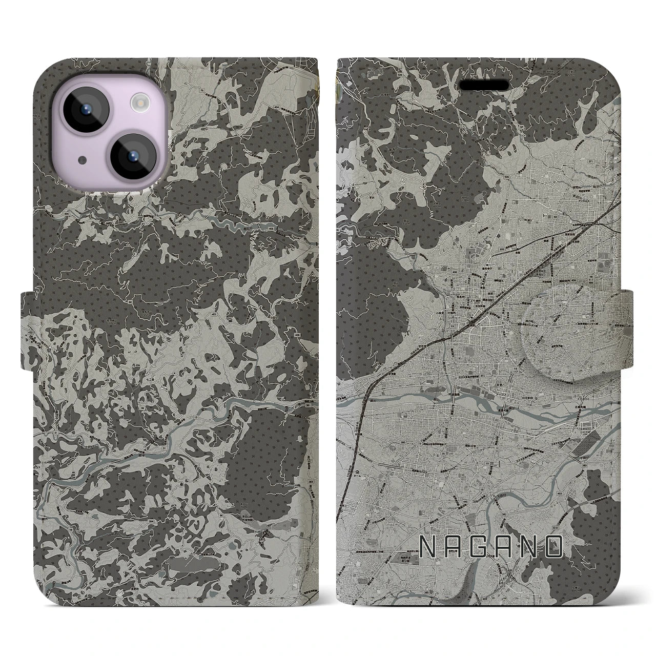【長野(長野県)】地図柄iPhoneケース(手帳タイプ)モノトーン・iPhone 14 用