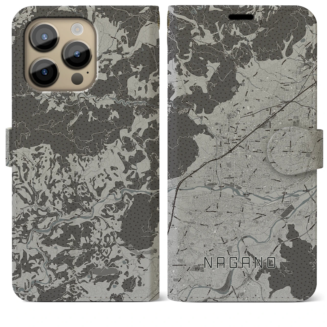 【長野(長野県)】地図柄iPhoneケース(手帳タイプ)モノトーン・iPhone 14 Pro Max 用