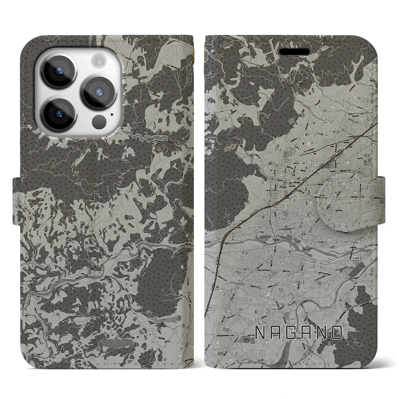 【長野(長野県)】地図柄iPhoneケース(手帳タイプ)モノトーン・iPhone 14 Pro 用