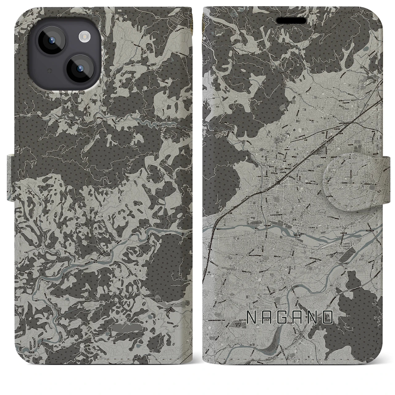 【長野(長野県)】地図柄iPhoneケース(手帳タイプ)モノトーン・iPhone 14 Plus 用