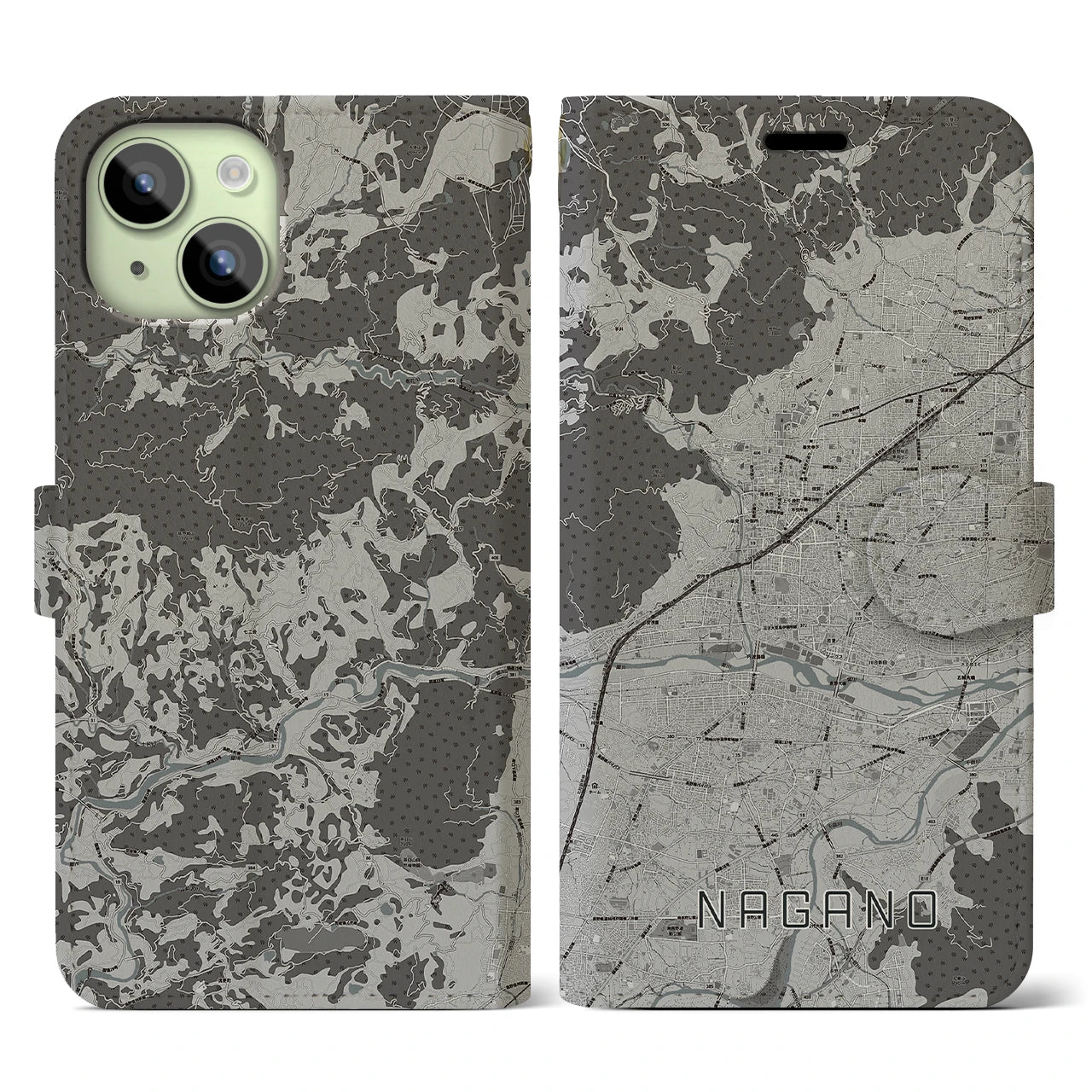 【長野(長野県)】地図柄iPhoneケース(手帳タイプ)モノトーン・iPhone 15 用