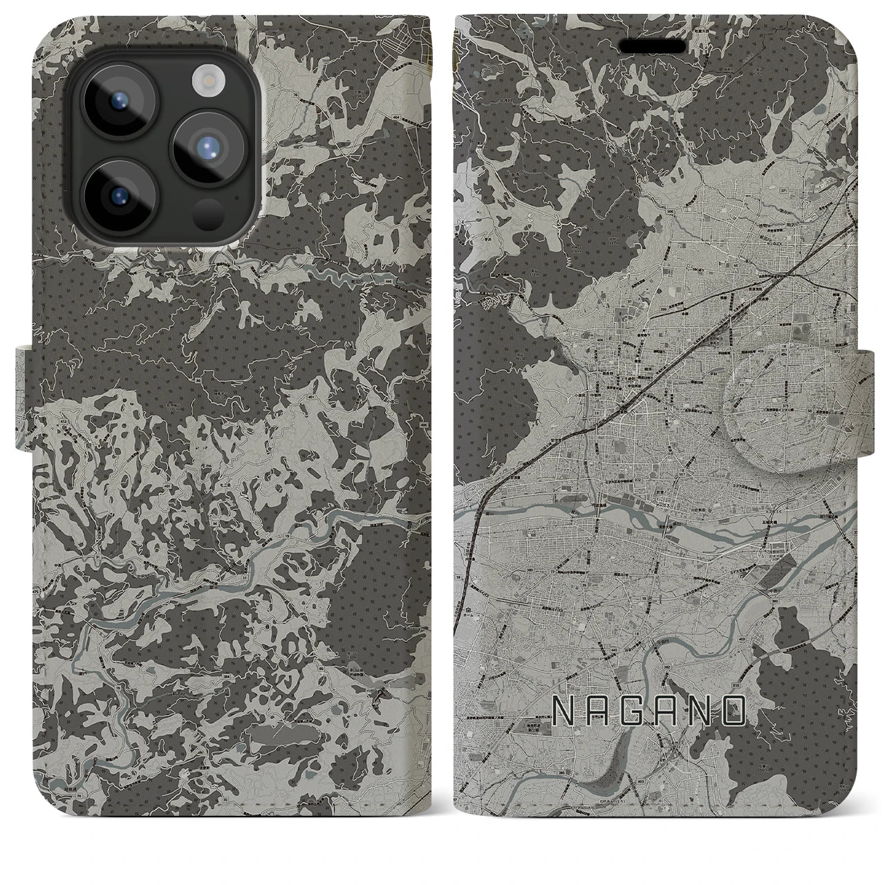 【長野(長野県)】地図柄iPhoneケース(手帳タイプ)モノトーン・iPhone 15 Pro Max 用