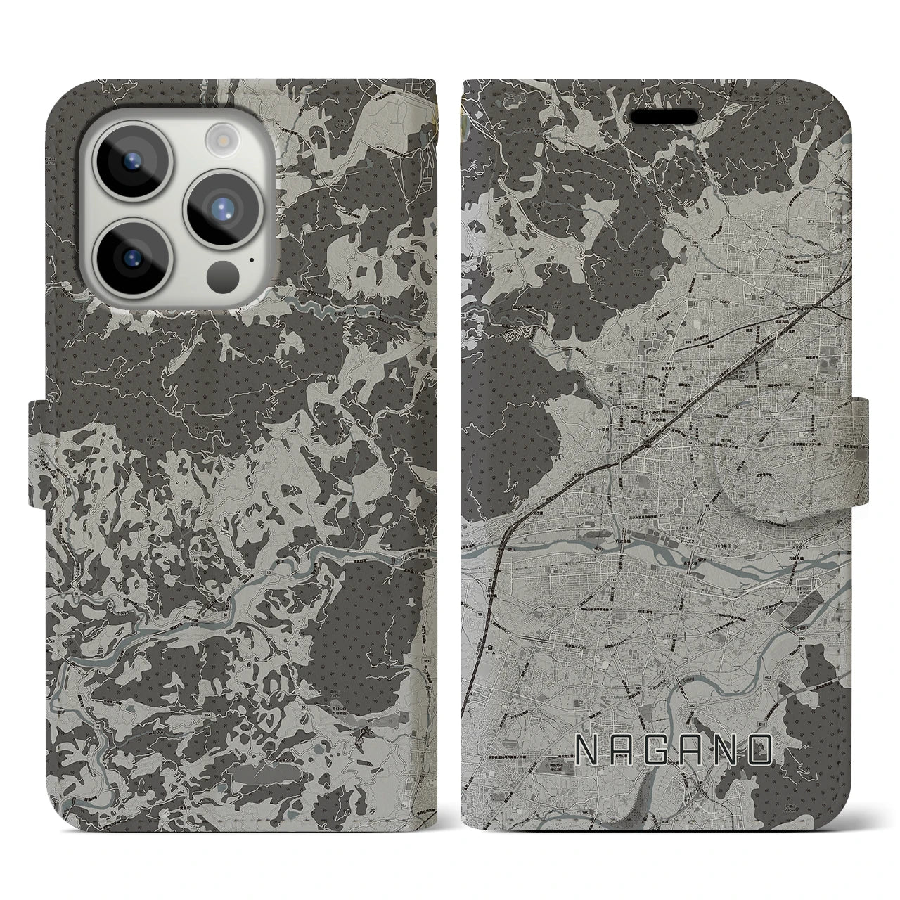 【長野(長野県)】地図柄iPhoneケース(手帳タイプ)モノトーン・iPhone 15 Pro 用