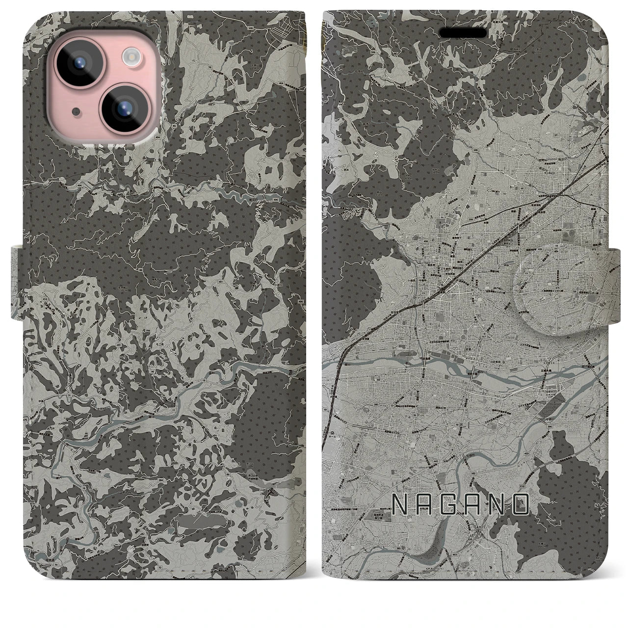 【長野(長野県)】地図柄iPhoneケース(手帳タイプ)モノトーン・iPhone 15 Plus 用