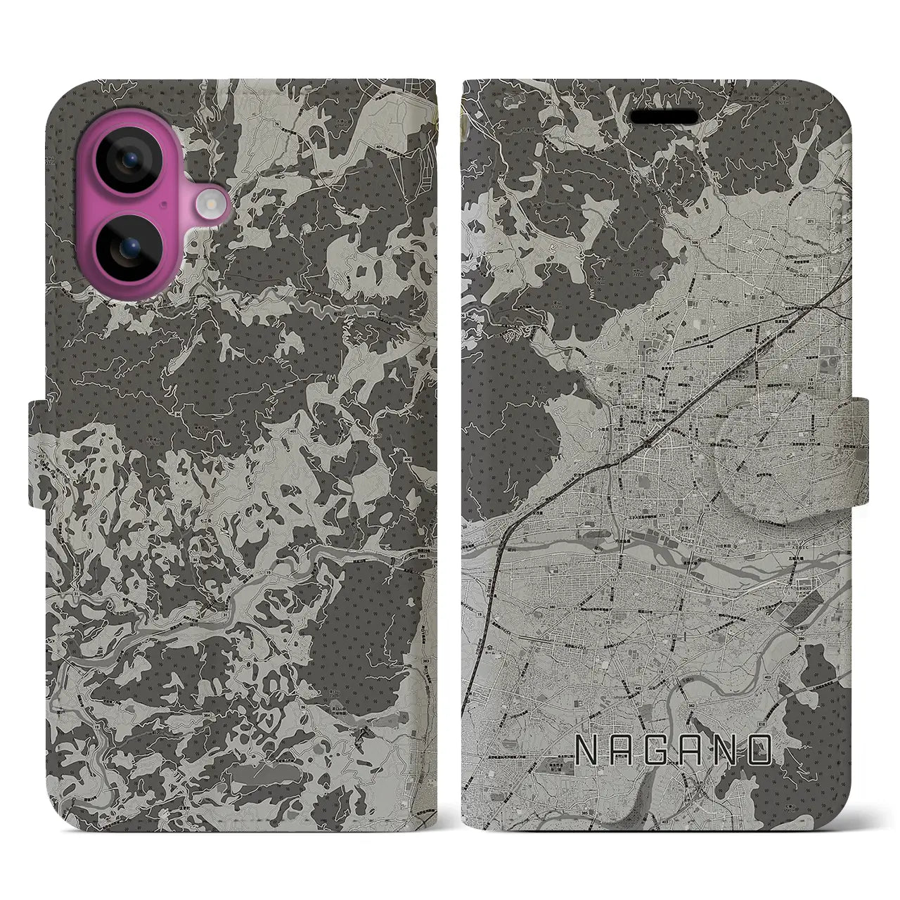 【長野(長野県)】地図柄iPhoneケース(手帳タイプ)モノトーン・iPhone 16 Pro 用