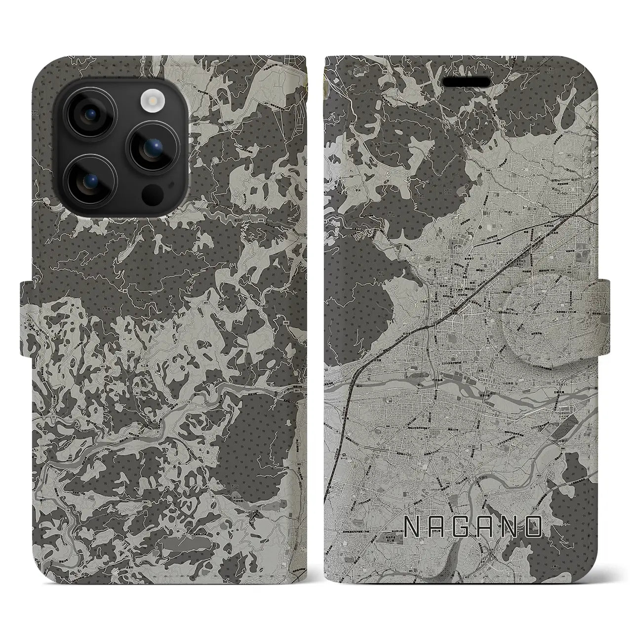 【長野(長野県)】地図柄iPhoneケース(手帳タイプ)モノトーン・iPhone 16 用