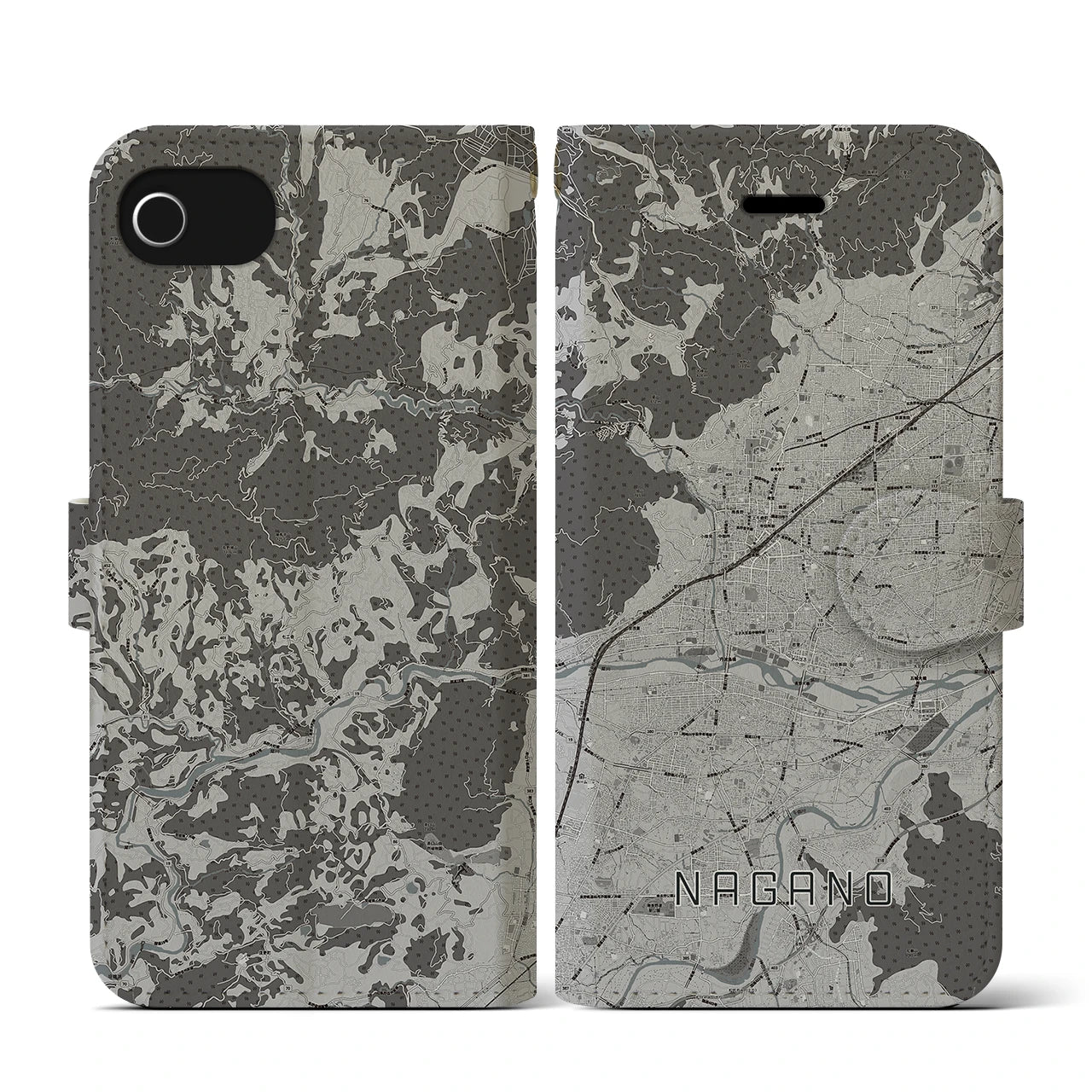 【長野(長野県)】地図柄iPhoneケース(手帳タイプ)モノトーン・iPhone SE(第3 / 第2世代) / 8 / 7 / 6s / 6 用