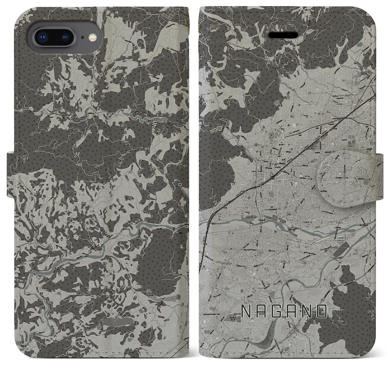【長野(長野県)】地図柄iPhoneケース(手帳タイプ)モノトーン・iPhone 8Plus /7Plus / 6sPlus / 6Plus 用