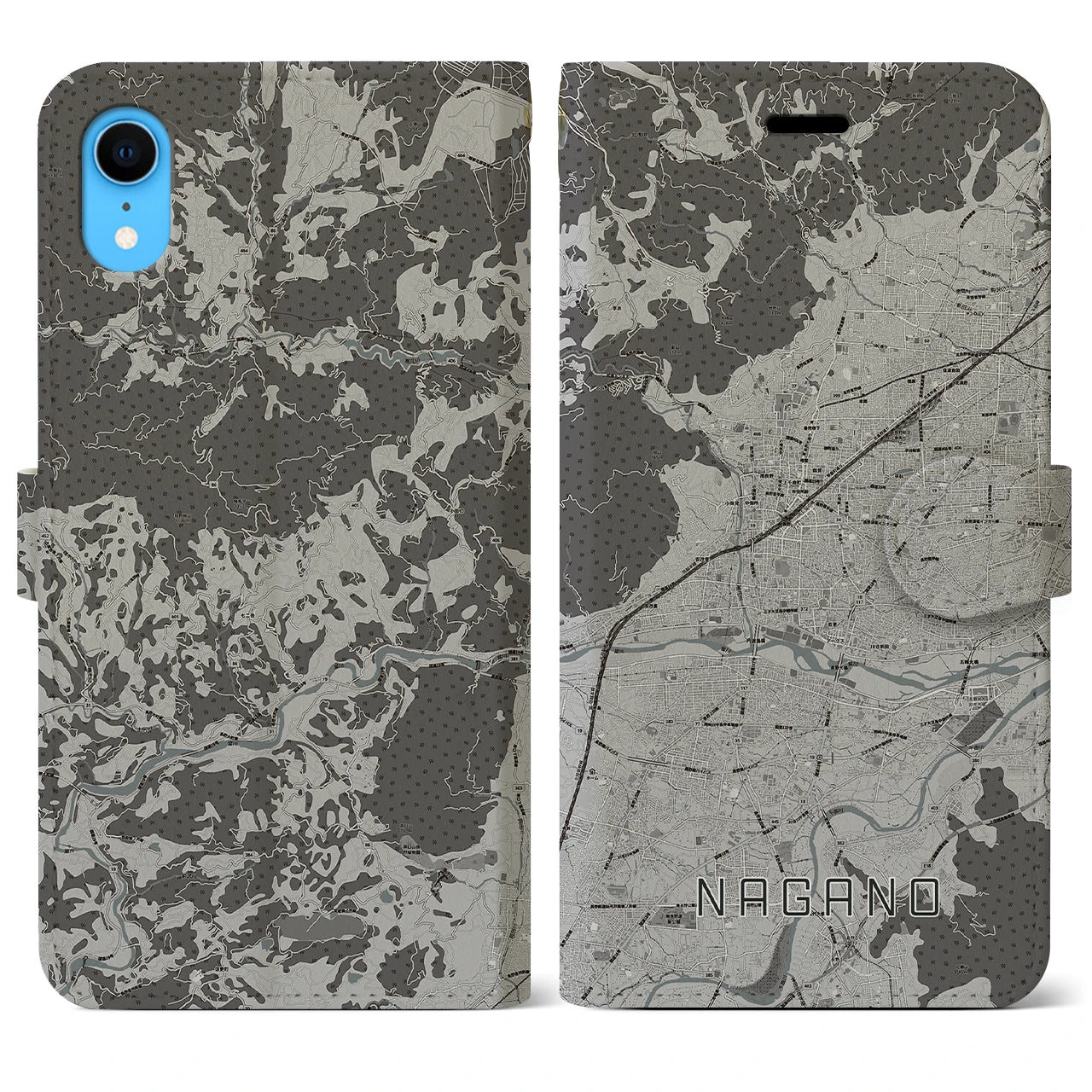 【長野(長野県)】地図柄iPhoneケース(手帳タイプ)モノトーン・iPhone XR 用