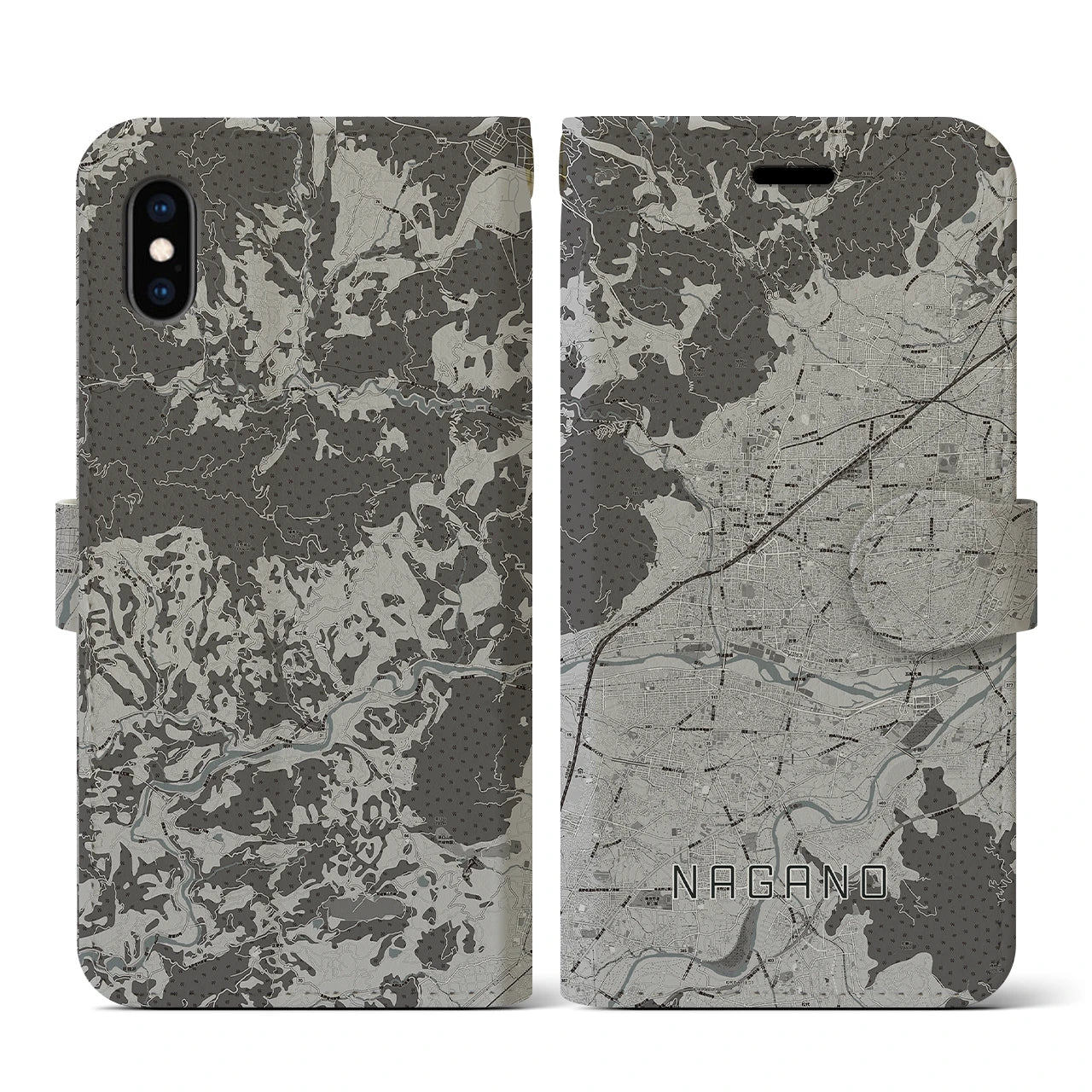 【長野(長野県)】地図柄iPhoneケース(手帳タイプ)モノトーン・iPhone XS / X 用