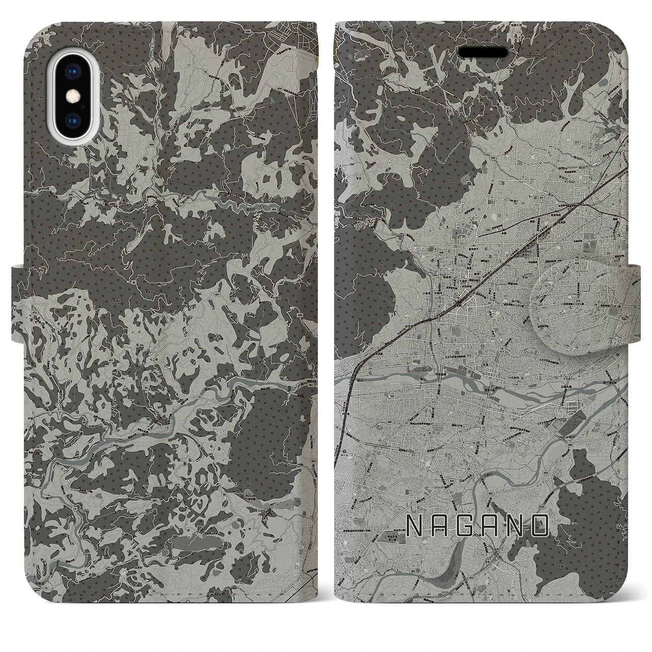 【長野(長野県)】地図柄iPhoneケース(手帳タイプ)モノトーン・iPhone XS Max 用