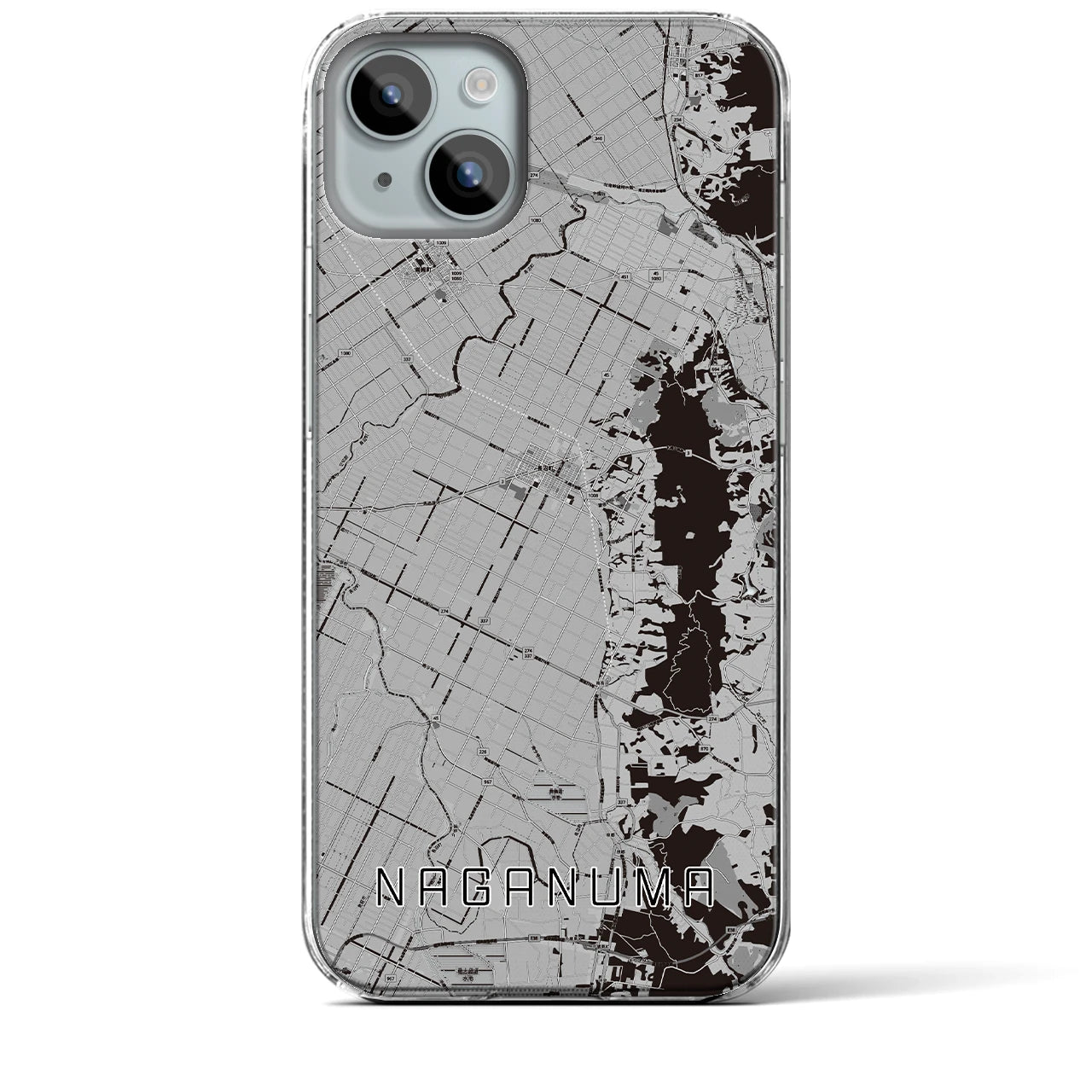 【長沼(北海道)】地図柄iPhoneケース(クリアタイプ)モノトーン・iPhone 15 Plus 用