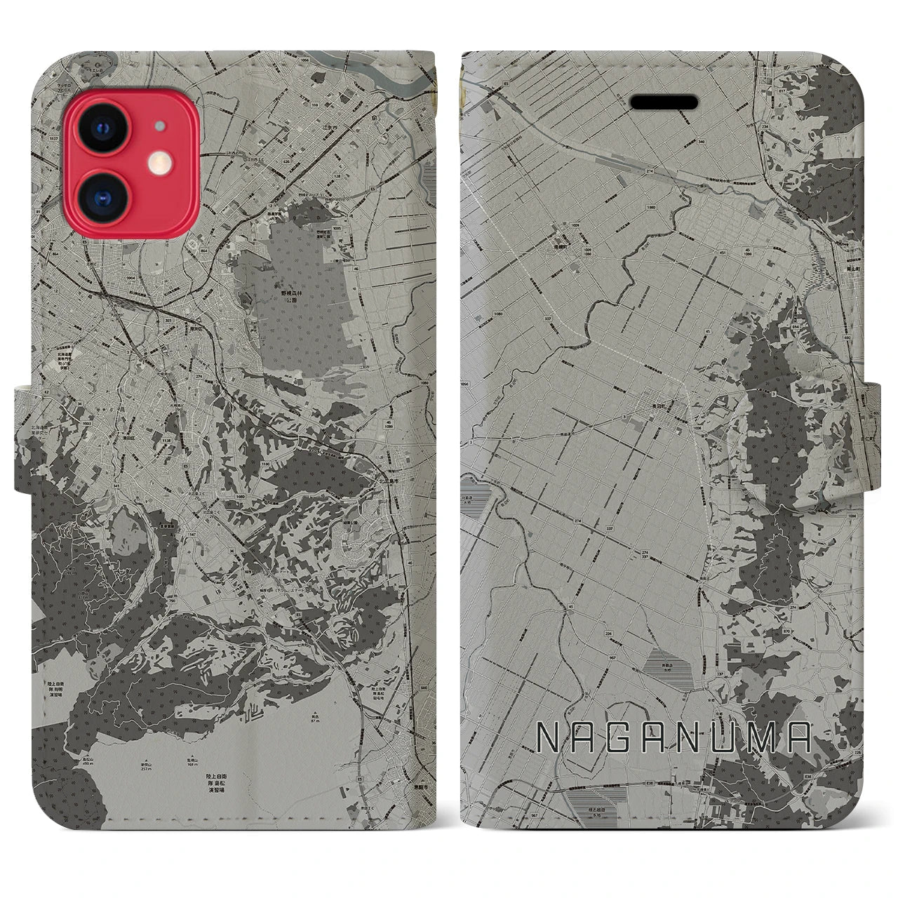 【長沼(北海道)】地図柄iPhoneケース(手帳タイプ)モノトーン・iPhone 11 用