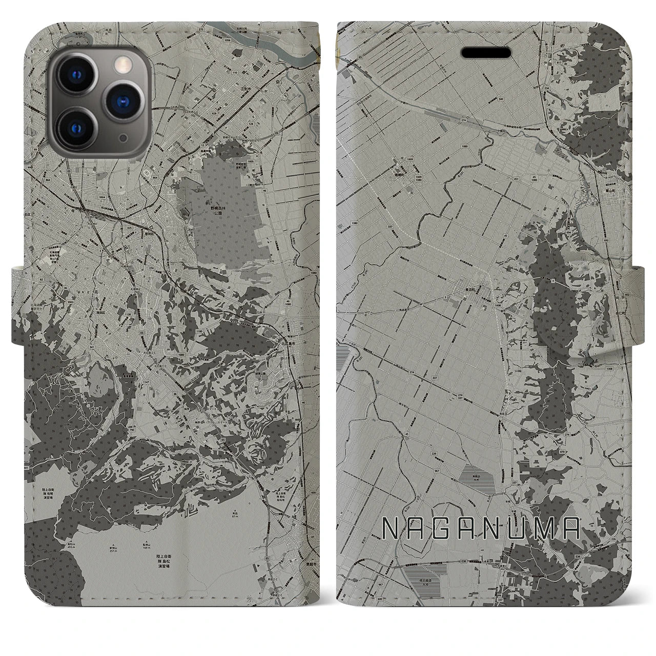 【長沼(北海道)】地図柄iPhoneケース(手帳タイプ)モノトーン・iPhone 11 Pro Max 用