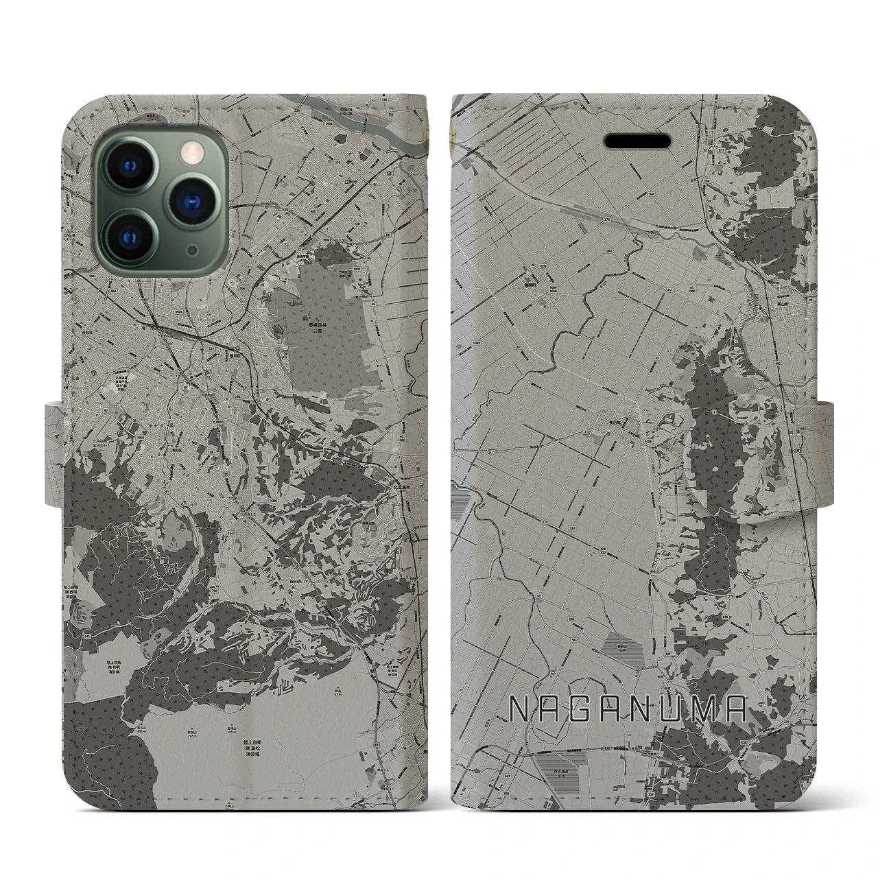 【長沼(北海道)】地図柄iPhoneケース(手帳タイプ)モノトーン・iPhone 11 Pro 用