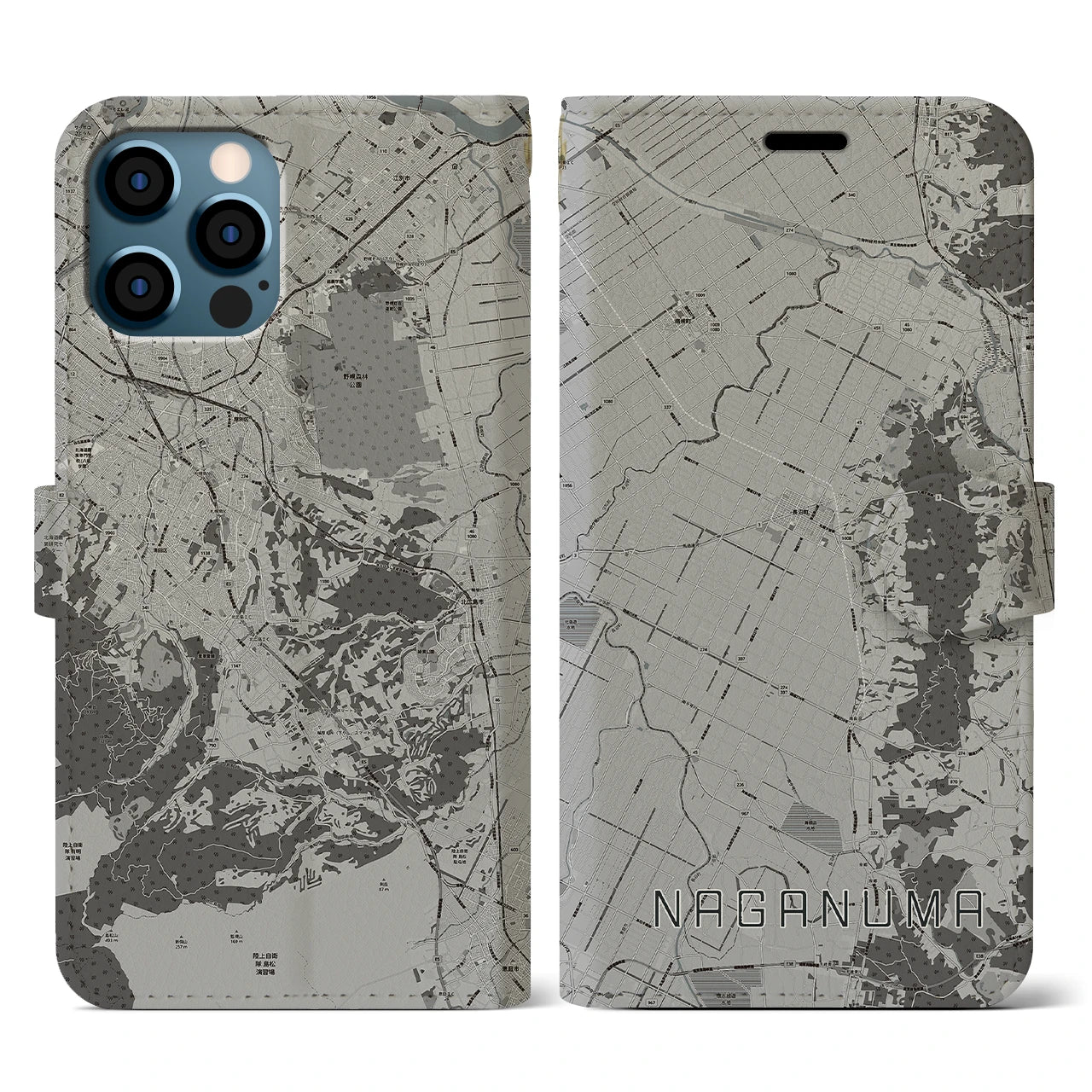 【長沼(北海道)】地図柄iPhoneケース(手帳タイプ)モノトーン・iPhone 12 / 12 Pro 用