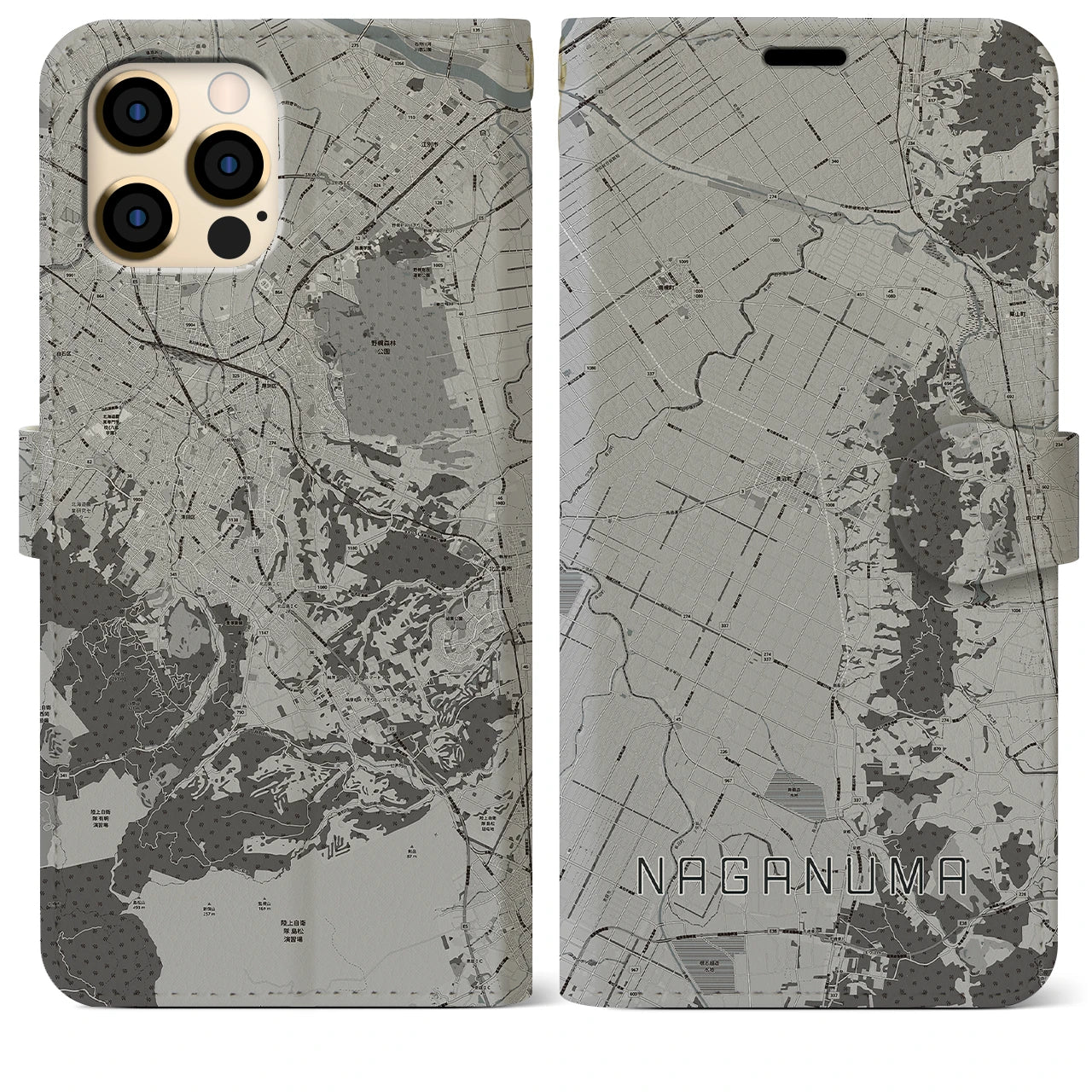 【長沼(北海道)】地図柄iPhoneケース(手帳タイプ)モノトーン・iPhone 12 Pro Max 用
