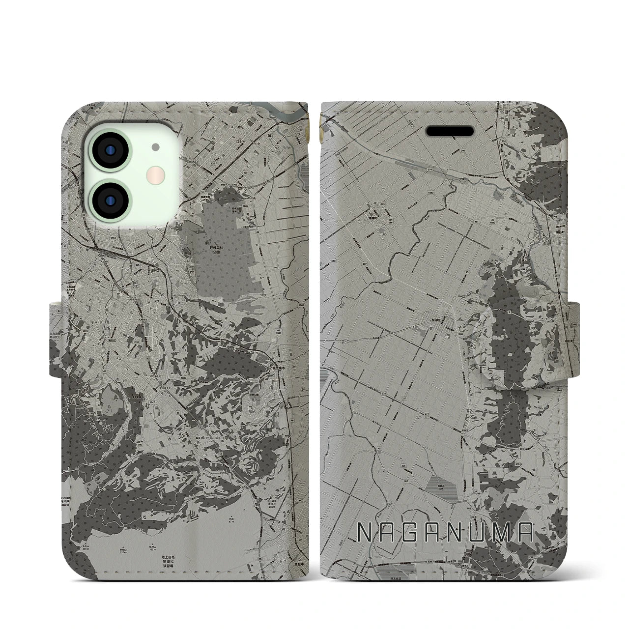 【長沼(北海道)】地図柄iPhoneケース(手帳タイプ)モノトーン・iPhone 12 mini 用