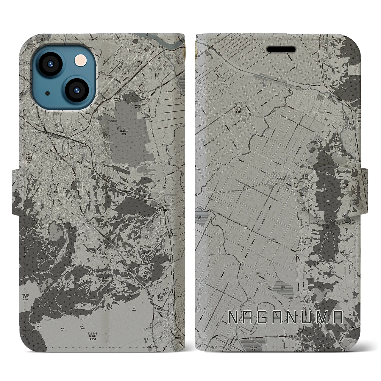 【長沼(北海道)】地図柄iPhoneケース(手帳タイプ)モノトーン・iPhone 13 用