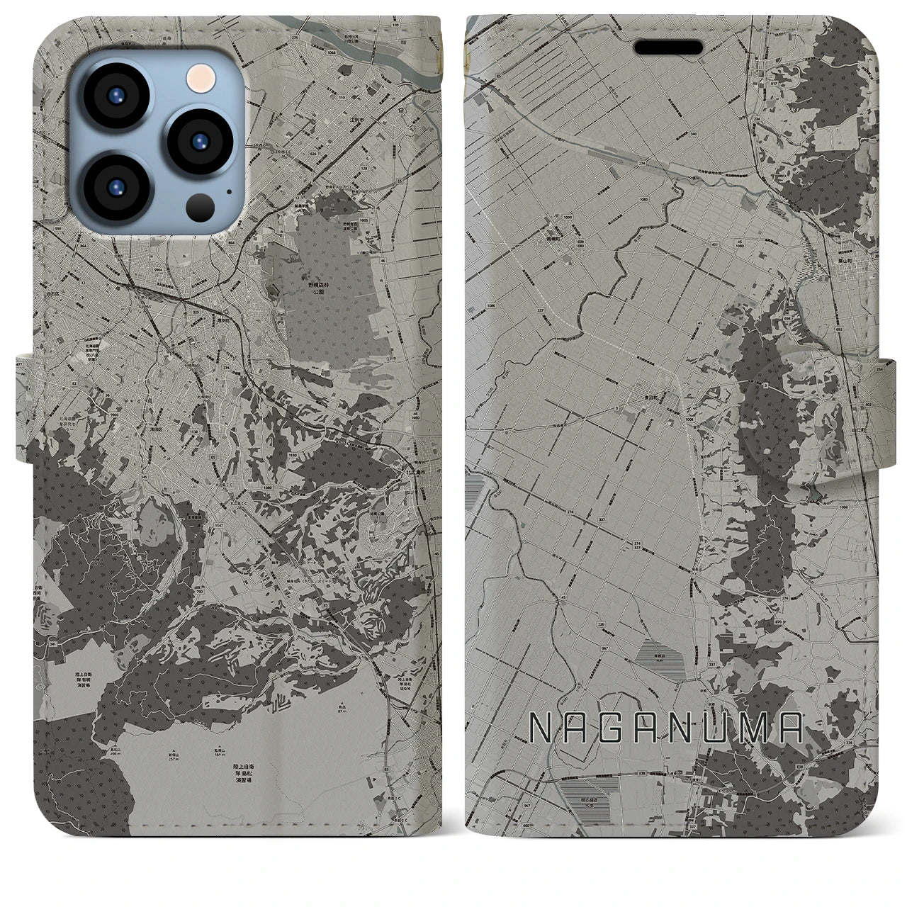 【長沼(北海道)】地図柄iPhoneケース(手帳タイプ)モノトーン・iPhone 13 Pro Max 用