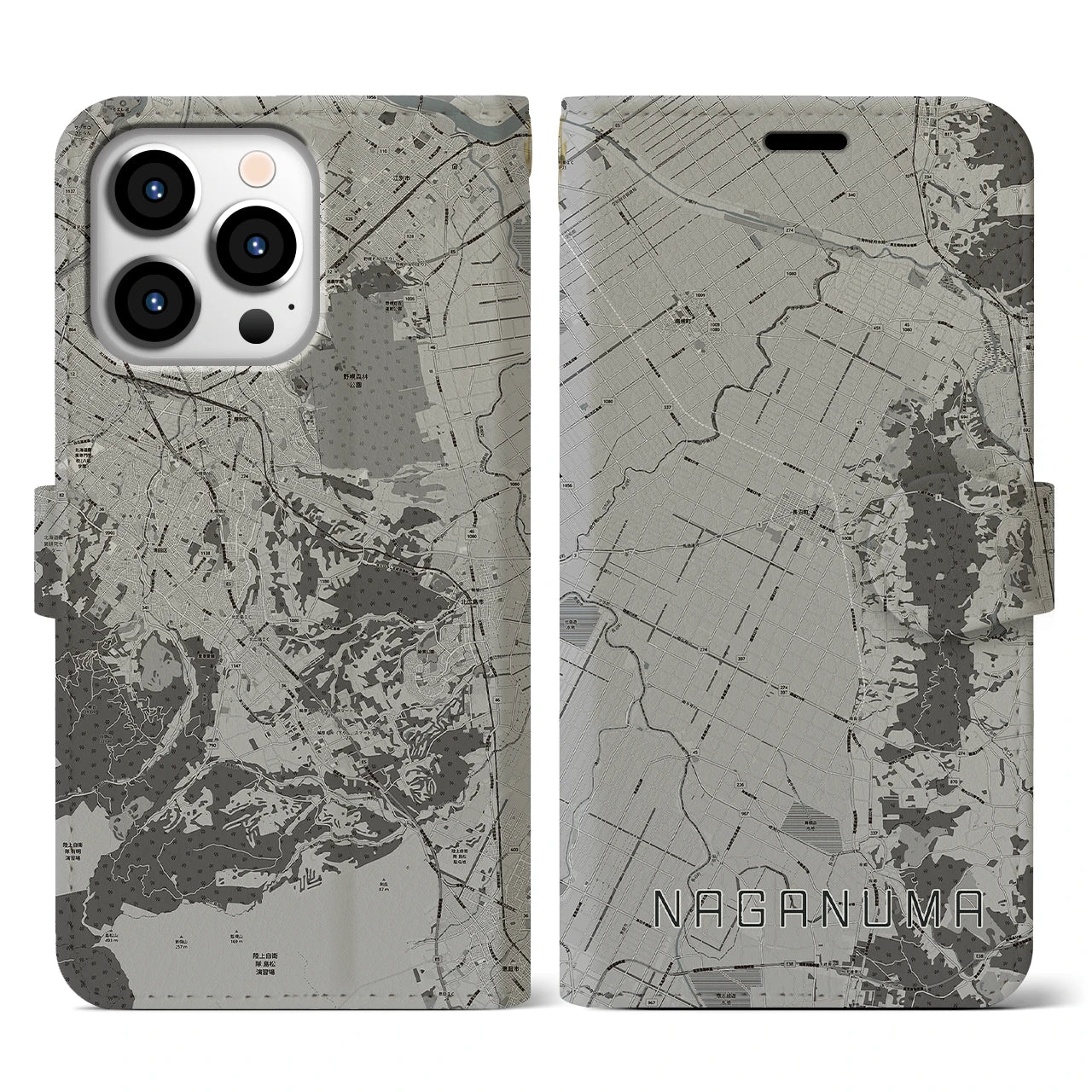 【長沼(北海道)】地図柄iPhoneケース(手帳タイプ)モノトーン・iPhone 13 Pro 用