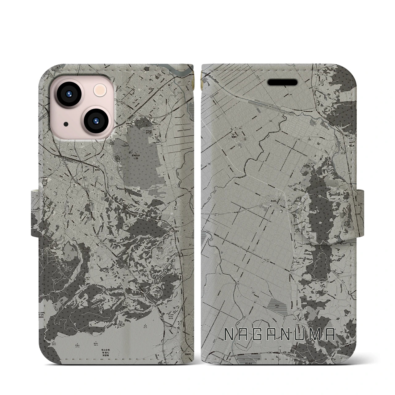 【長沼(北海道)】地図柄iPhoneケース(手帳タイプ)モノトーン・iPhone 13 mini 用