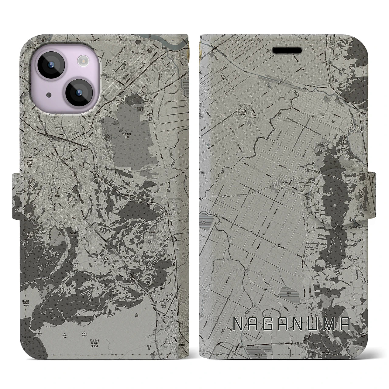 【長沼(北海道)】地図柄iPhoneケース(手帳タイプ)モノトーン・iPhone 14 用