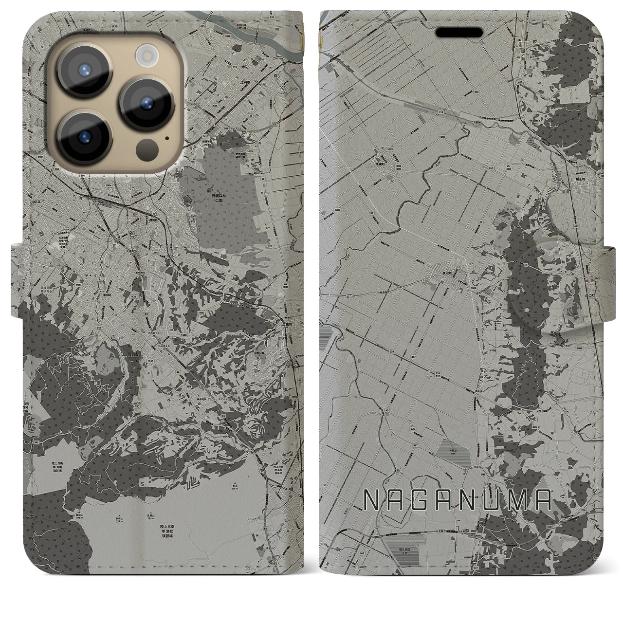 【長沼(北海道)】地図柄iPhoneケース(手帳タイプ)モノトーン・iPhone 14 Pro Max 用