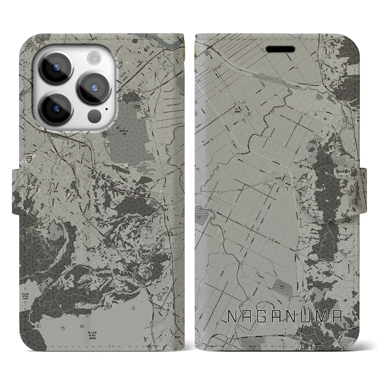 【長沼(北海道)】地図柄iPhoneケース(手帳タイプ)モノトーン・iPhone 14 Pro 用