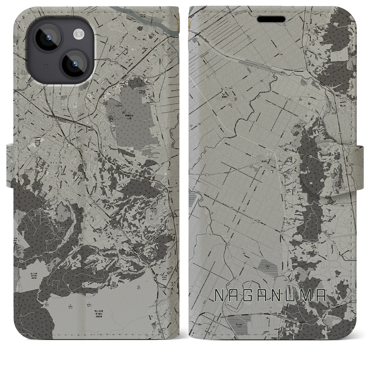 【長沼(北海道)】地図柄iPhoneケース(手帳タイプ)モノトーン・iPhone 14 Plus 用