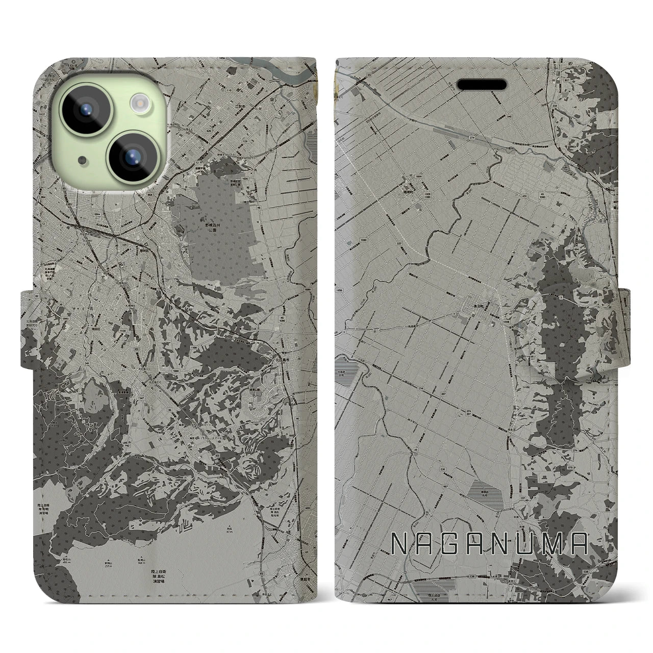 【長沼(北海道)】地図柄iPhoneケース(手帳タイプ)モノトーン・iPhone 15 用