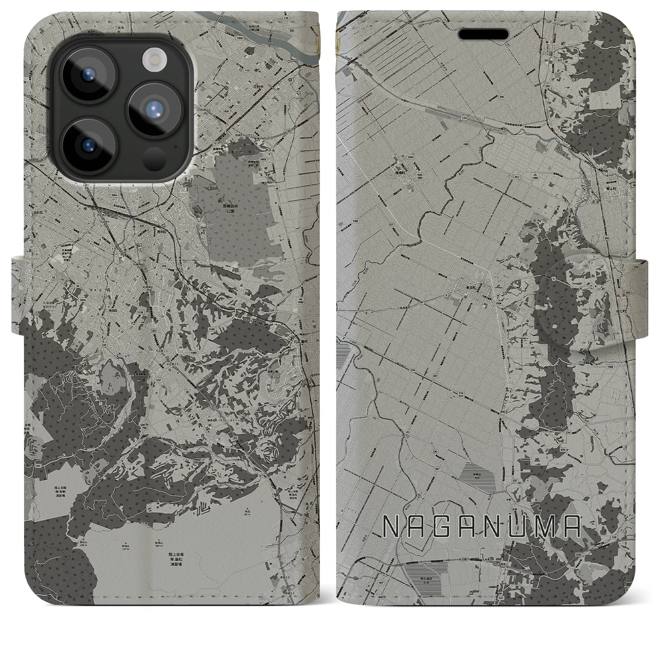 【長沼(北海道)】地図柄iPhoneケース(手帳タイプ)モノトーン・iPhone 15 Pro Max 用