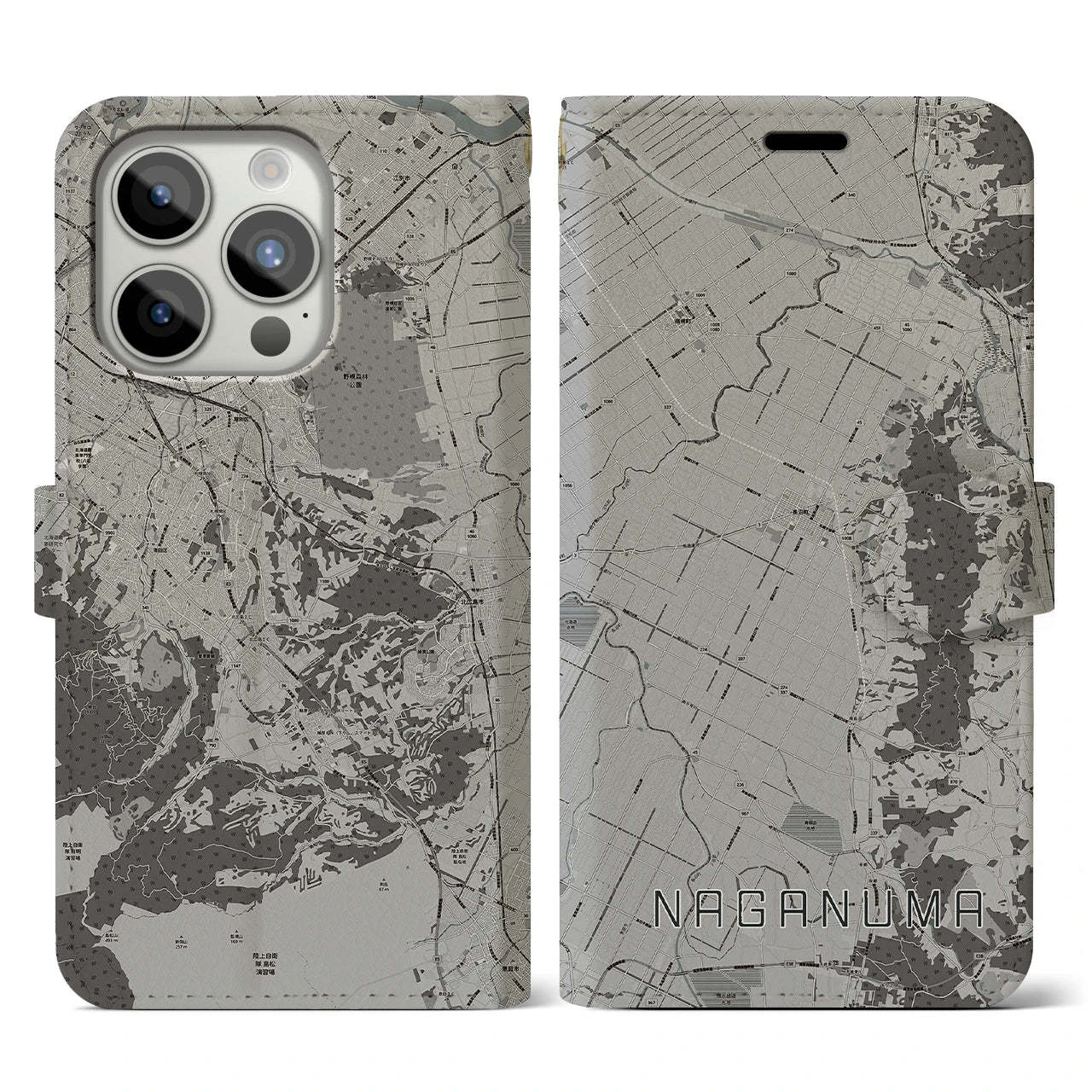 【長沼(北海道)】地図柄iPhoneケース(手帳タイプ)モノトーン・iPhone 15 Pro 用