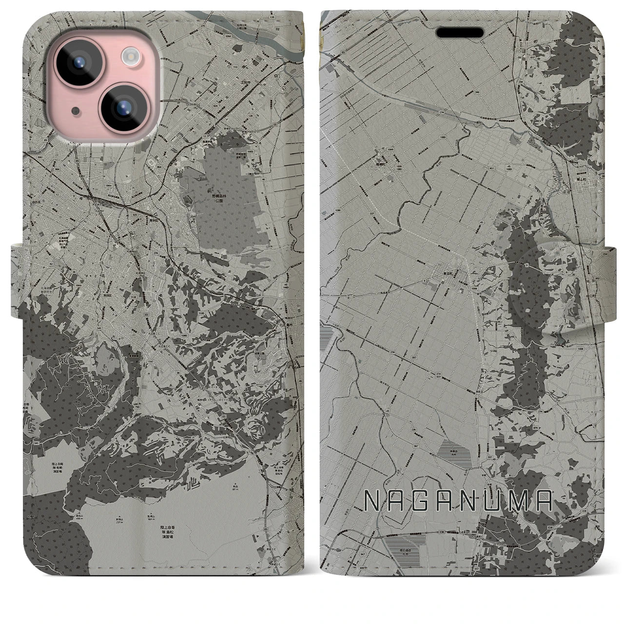 【長沼(北海道)】地図柄iPhoneケース(手帳タイプ)モノトーン・iPhone 15 Plus 用