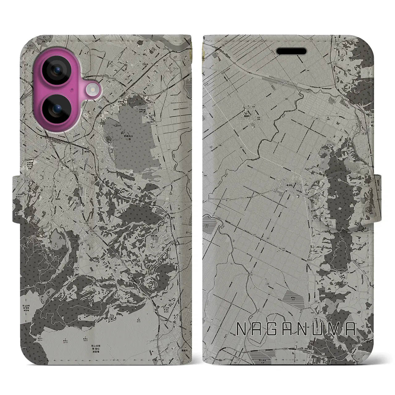 【長沼(北海道)】地図柄iPhoneケース(手帳タイプ)モノトーン・iPhone 16 Pro 用