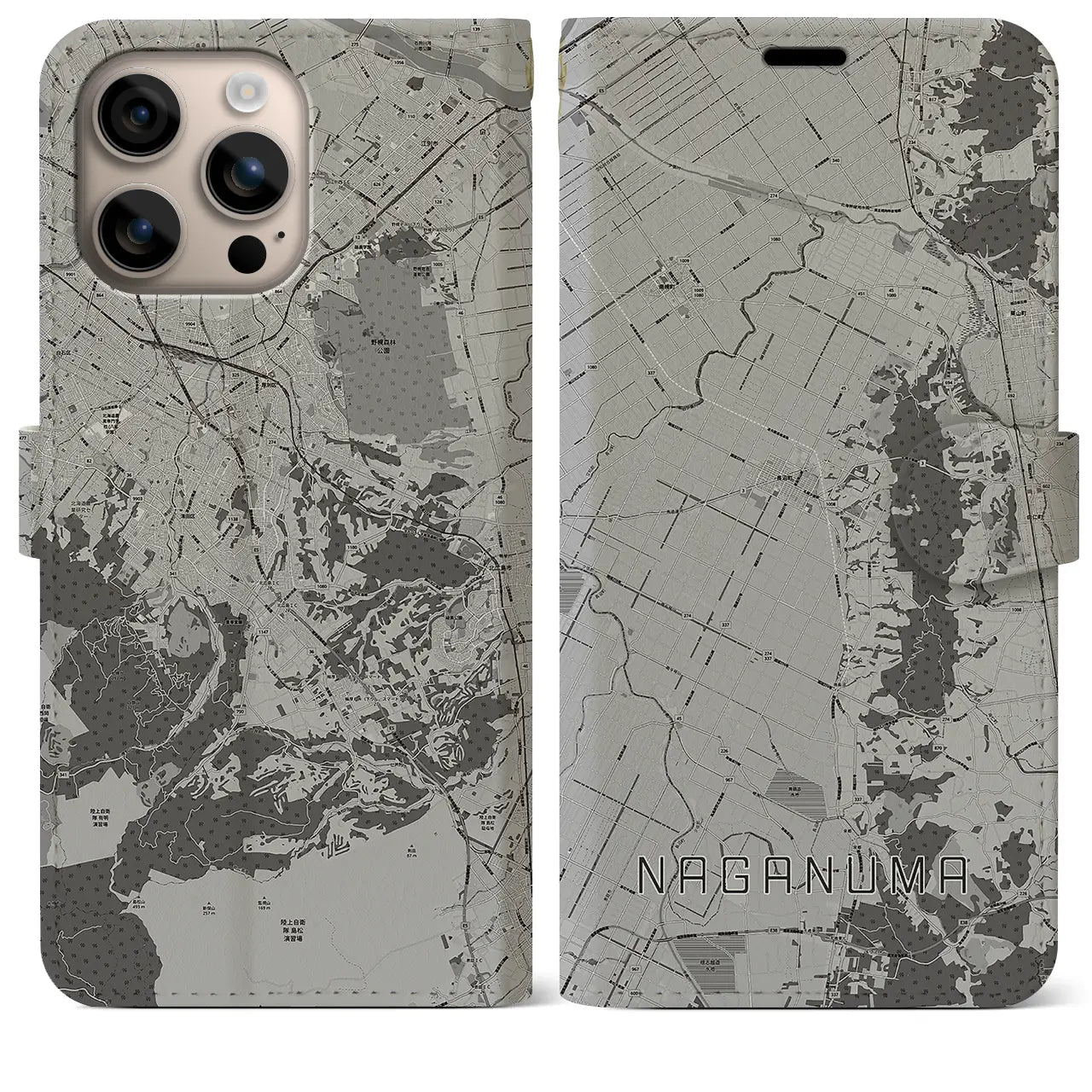 【長沼(北海道)】地図柄iPhoneケース(手帳タイプ)モノトーン・iPhone 16 Plus 用