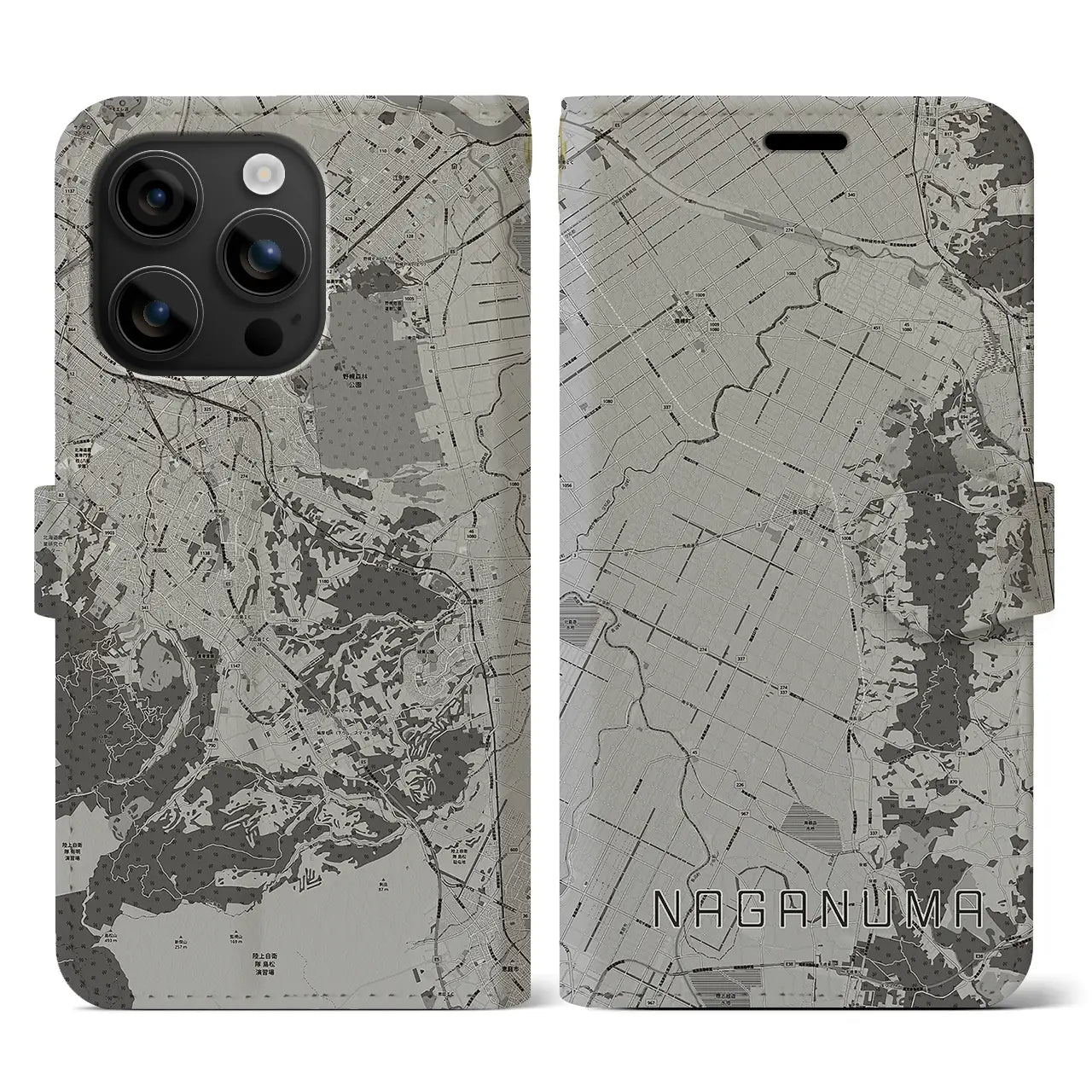 【長沼(北海道)】地図柄iPhoneケース(手帳タイプ)モノトーン・iPhone 16 用