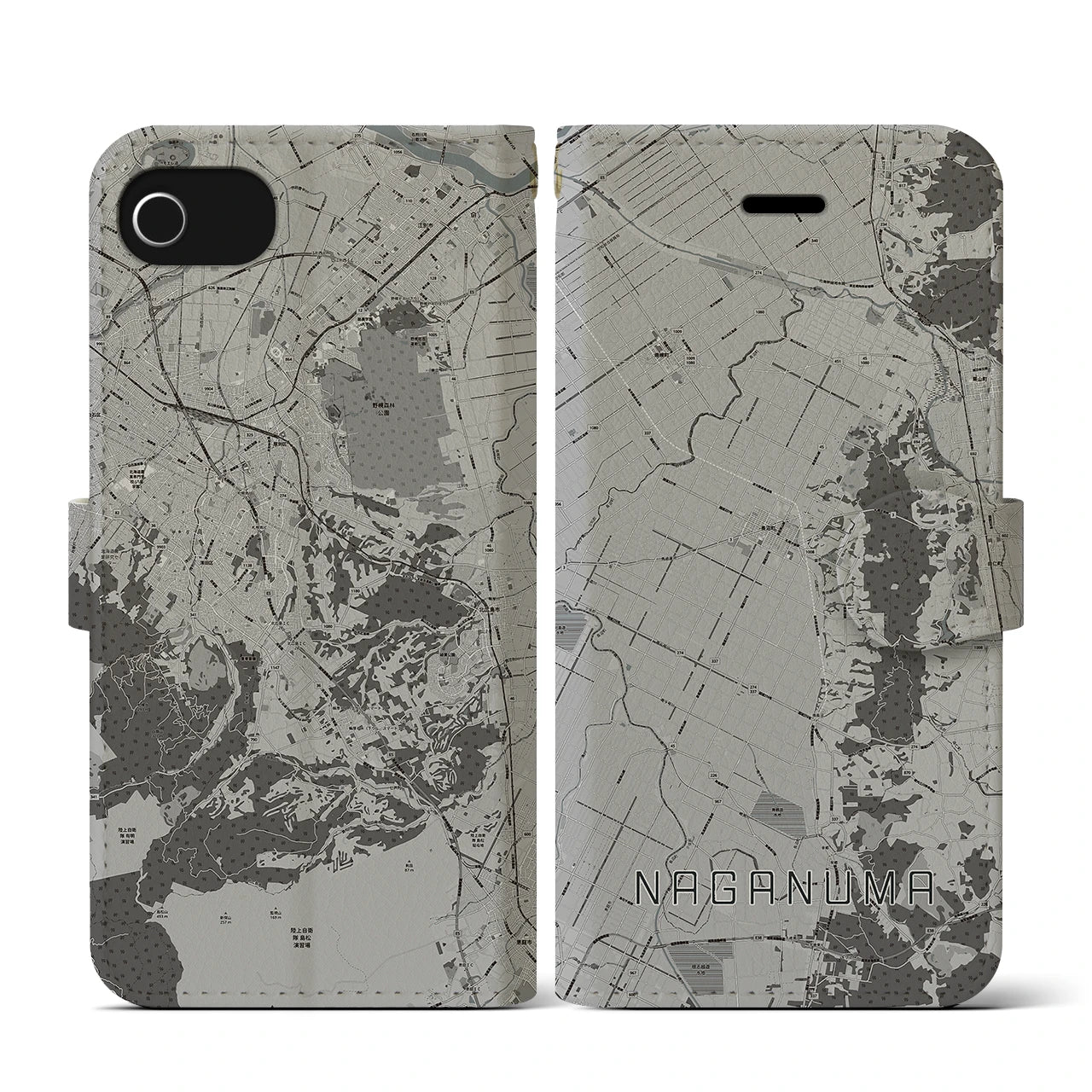 【長沼(北海道)】地図柄iPhoneケース(手帳タイプ)モノトーン・iPhone SE(第3 / 第2世代) / 8 / 7 / 6s / 6 用
