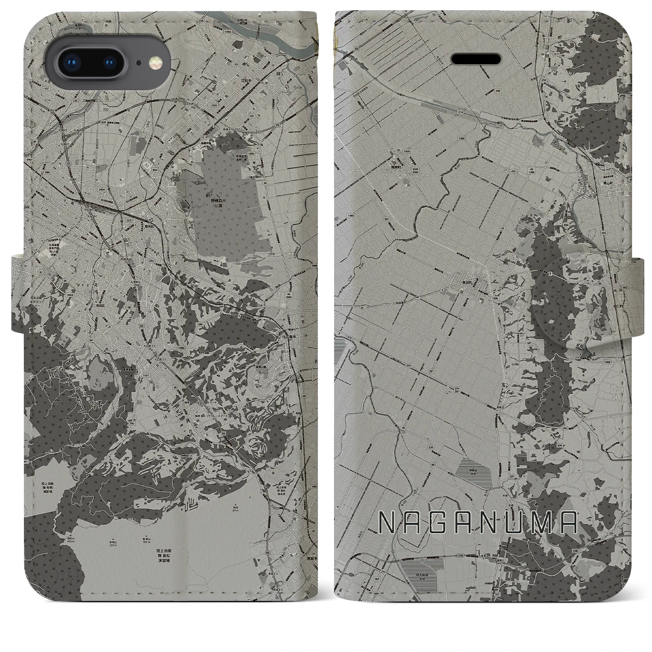 【長沼(北海道)】地図柄iPhoneケース(手帳タイプ)モノトーン・iPhone 8Plus /7Plus / 6sPlus / 6Plus 用