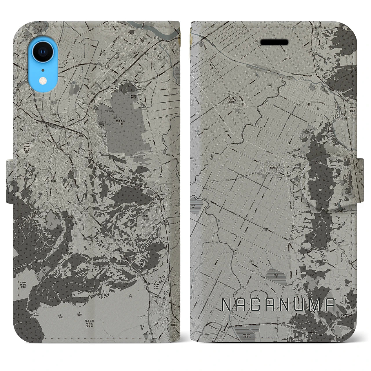 【長沼(北海道)】地図柄iPhoneケース(手帳タイプ)モノトーン・iPhone XR 用