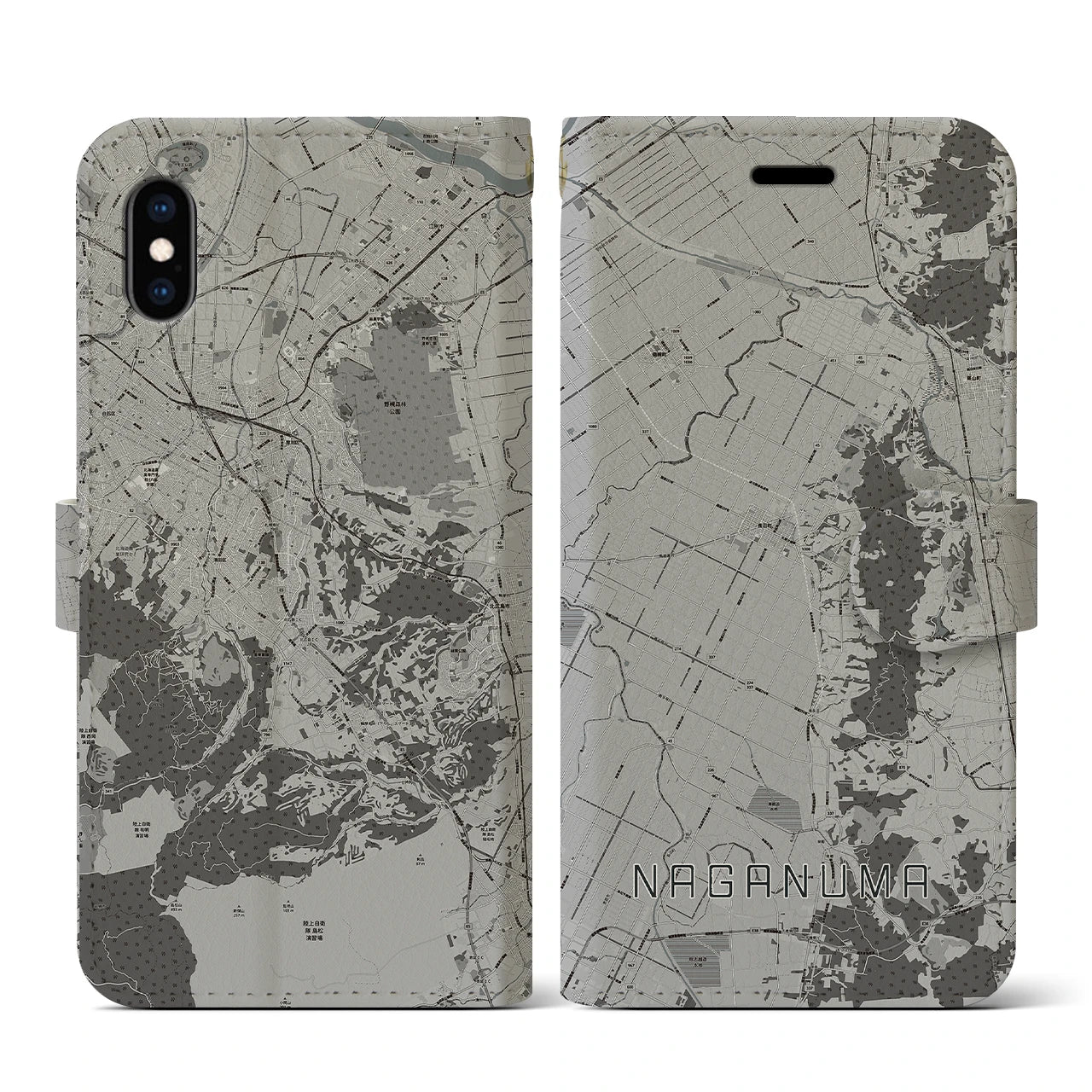 【長沼(北海道)】地図柄iPhoneケース(手帳タイプ)モノトーン・iPhone XS / X 用