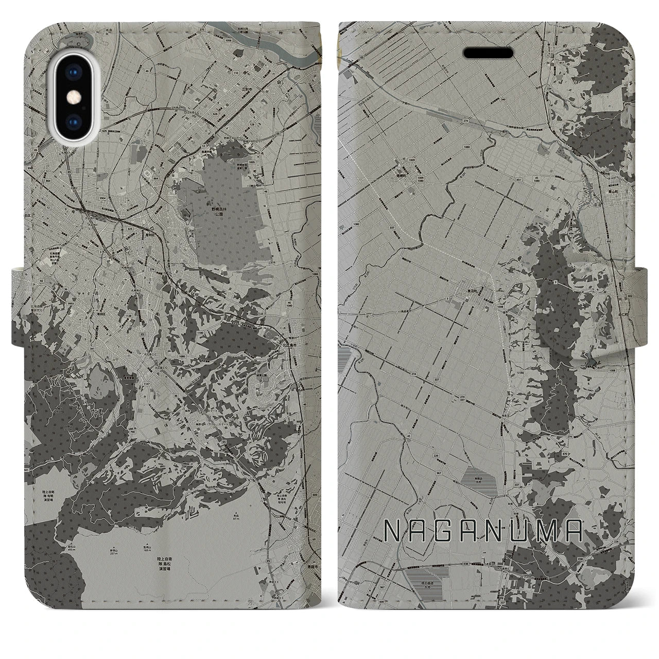 【長沼(北海道)】地図柄iPhoneケース(手帳タイプ)モノトーン・iPhone XS Max 用